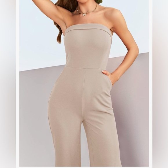 Elegant Tan Jumpsuit with Sexy Leg Slit - Picture 8 of 12
